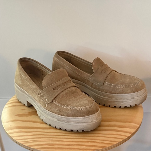 Portland Leather Tan Suede Platform Penny Loafers - Picture 2 of 8